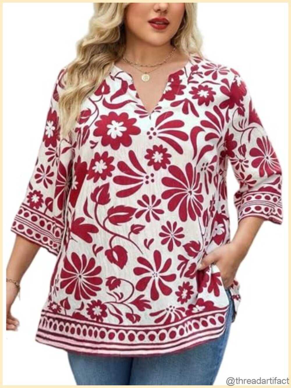 Plus Size Tunic Top 3/4 Sleeve Boho Peasant Blouse Loose Fit Flowy